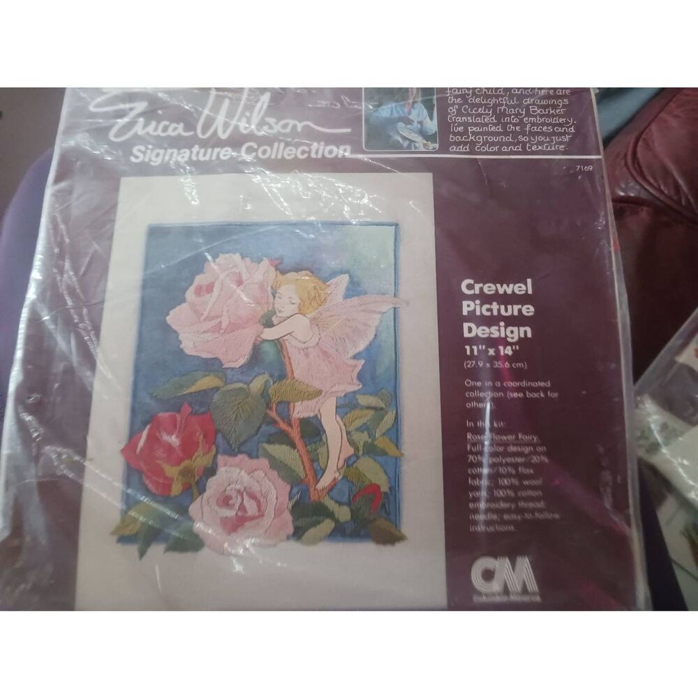 Erica Wilson signature collection crewel picture 11 x 14 pink fairy with roses 1